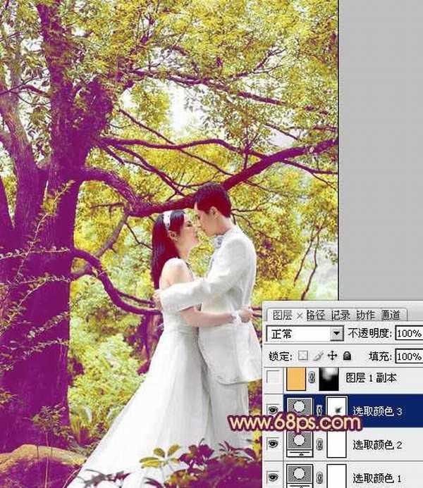 Photoshop将树林婚片增加上柔美的黄紫色效果