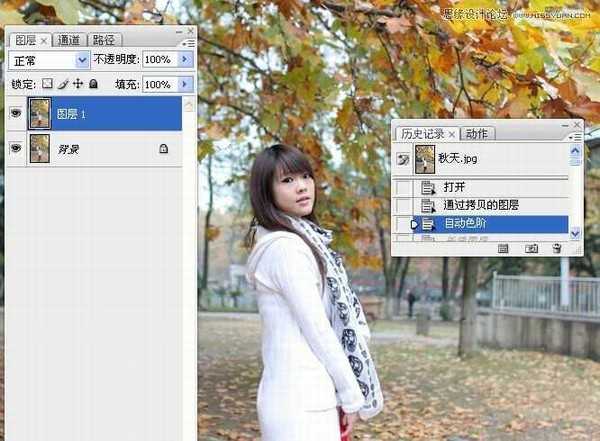 Photoshop将公园美女图片调制出秋季金黄色调