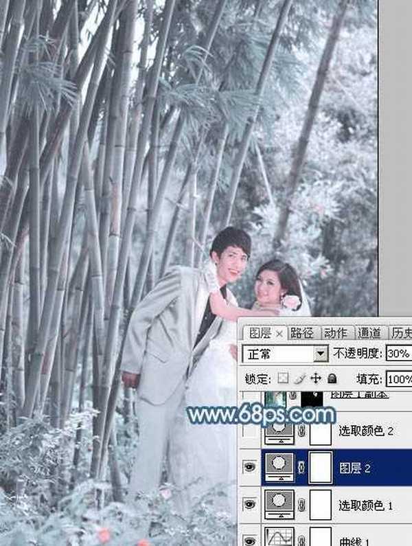 Photoshop为竹林婚片调制出梦幻复古的淡调青蓝色